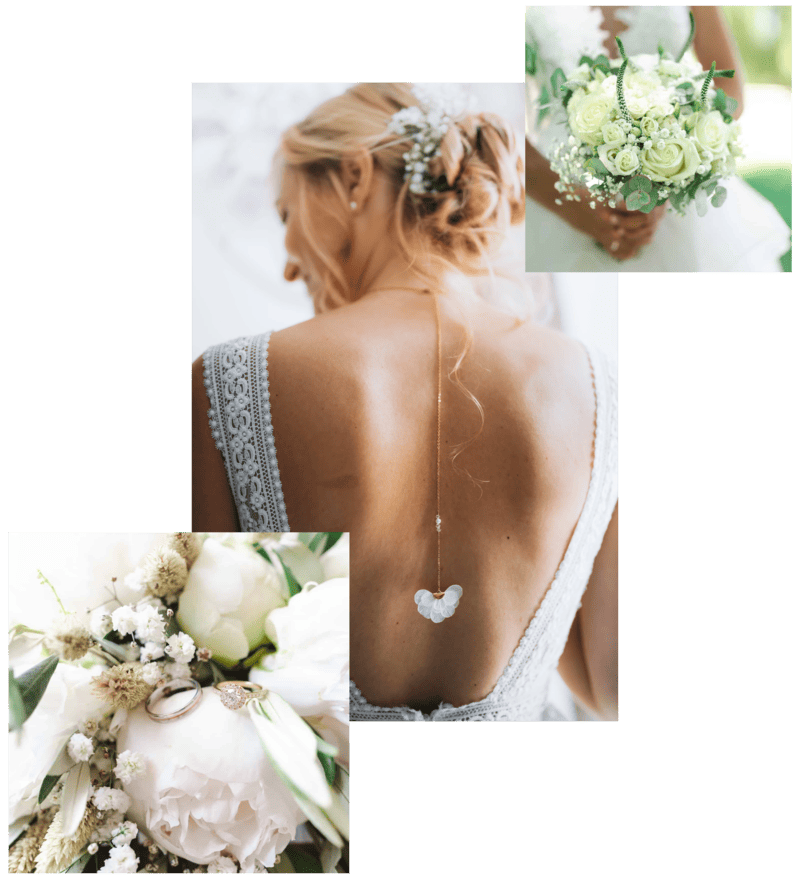 photo de mariage dans les Vosges, une femme de dos, un bouquet et des aliances 